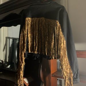 Black Denim Jacket w/ Leopard Fringe